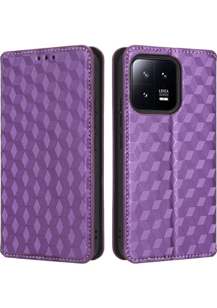 Xiaomi 13 Pro 5g Rhombus Desen Için Pu Deri Flip Telefon Cüzdan Kapağı Manyetik Otomatik Emici Stand Şok Geçirmez Telefon Kasası-Mor (Yurt Dışından)