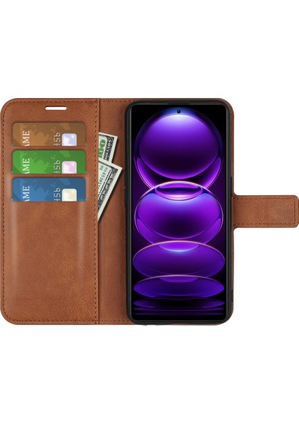 Xiaomi Redmi Için Note 12 Pro+ 5g Telefon Kılıf Buzağı Doku Stand Cüzdan Kapağı-Açık Kahverengi (Yurt Dışından)
