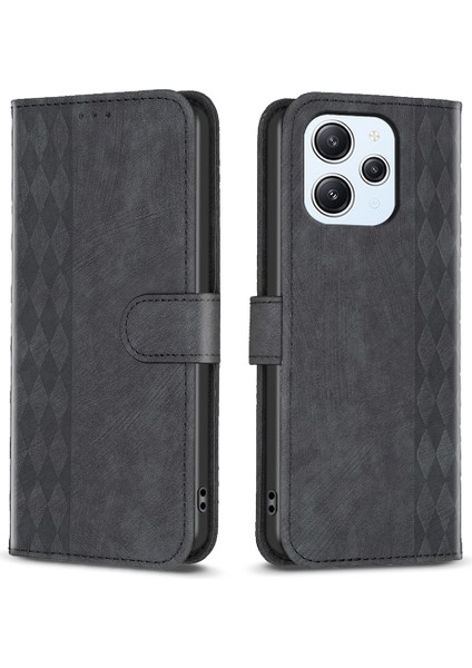 Xiaomi Redmi Için 12 4g Baskılı Rhombus Cep Telefon Kılıf Stand Standı Pu Deri Cep Telefon Kapağı-Siyah (Yurt Dışından)