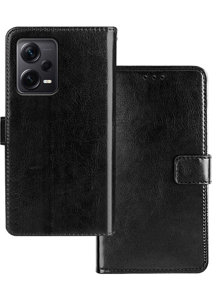 Xiaomi Için Redmi Note 12 Pro+ 5g Çılgın At Dokusu Pu Deri Deri Deri Kapak Stand Fonksiyon Manyetik Kapatma Cüzdan Telefon Kılıfı-Siyah (Yurt Dışından)