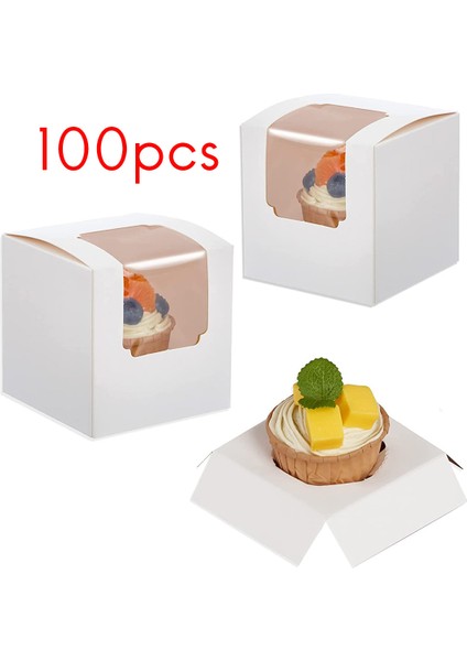 100 Adet Beyaz Cupcake Kutusu Bireysel Insert, Küçük Tek Favor Pasta Ikram Kutuları Şeffaf Pencereli (Yurt Dışından)
