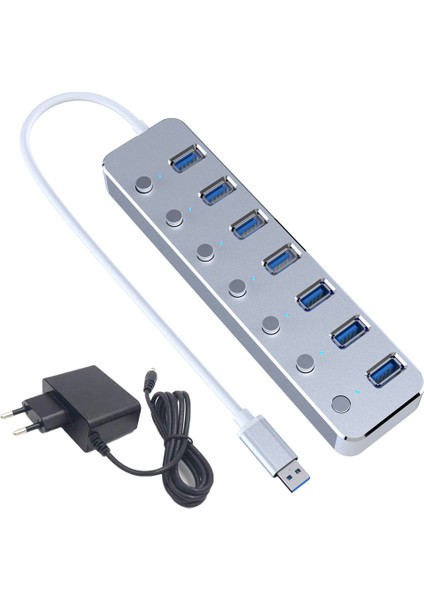USB 3.0 Güç Adaptörü 7 Port Alüminyum Alaşımlı Splitter Hub USB Hub 3.0 USB Çoklu Genişletici Anahtarı 1.2m Kablo Hub Ab Tak A (Yurt Dışından)