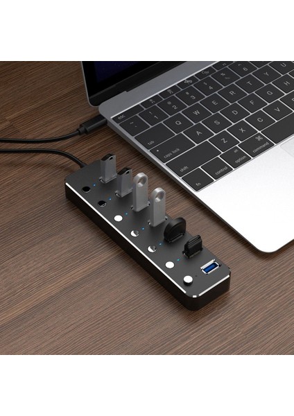 USB 3.0 Güç Adaptörü 7 Port Alüminyum Alaşımlı Splitter Hub USB Hub 3.0 USB Çoklu Genişletici Anahtarı 1.2m Kablo Hub Ab Tak A (Yurt Dışından)