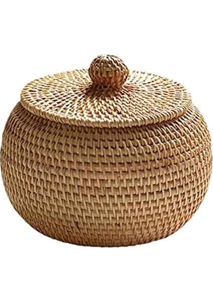 Kapaklı Yuvarlak Rattan Kutu, El Dokuma Saklama Kutusu, Ev Için Çok Fonksiyonlu Masaüstü Tepsi Depolama Sepeti Dekorasyonu (Yurt Dışından)