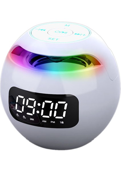 Kablosuz Bluetooth Hoparlör Ses Kutusu Saat Alarmı Renkli Gece Lambası Mic ile USB 5.0 Adaptörü Saat Versiyonu Beyaz (Yurt Dışından)