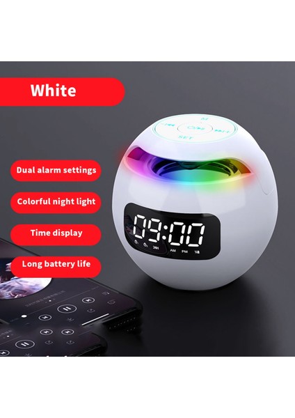 Kablosuz Bluetooth Hoparlör Ses Kutusu Saat Alarmı Renkli Gece Lambası Mic ile USB 5.0 Adaptörü Saat Versiyonu Beyaz (Yurt Dışından)