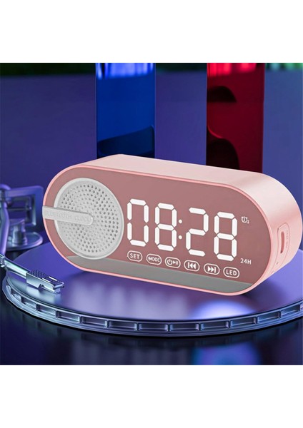 Renkli Gece Lambası ile Dijital Saatli Taşınabilir Bluetooth Hoparlör Çift Çalar Saat Ayna Subwoofer Siyah (Yurt Dışından)