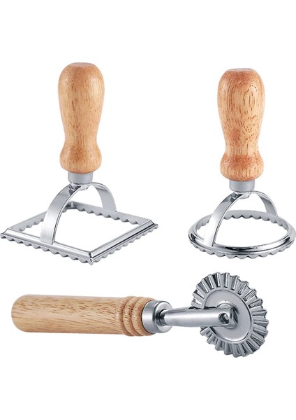 3 Adet Mantı Damga Makinesi Kesici Makaralı Çark Seti, Makarna Için Ahşap Saplı Kalıp, Köfte Lazanya, Turta (Yurt Dışından)