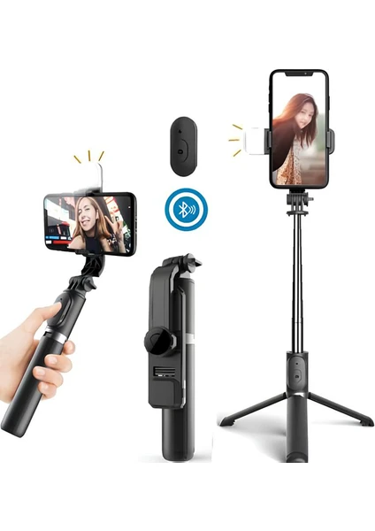 Bluetooth Kumandalı Selfie Çubuğu / Işıklı Tripod 100CM 2 Işık Kademeli