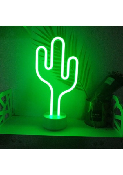 Neon Işıklı Kaktüs Masa Gece Lambası Usb+Pil Dekoratif Aydınlatma