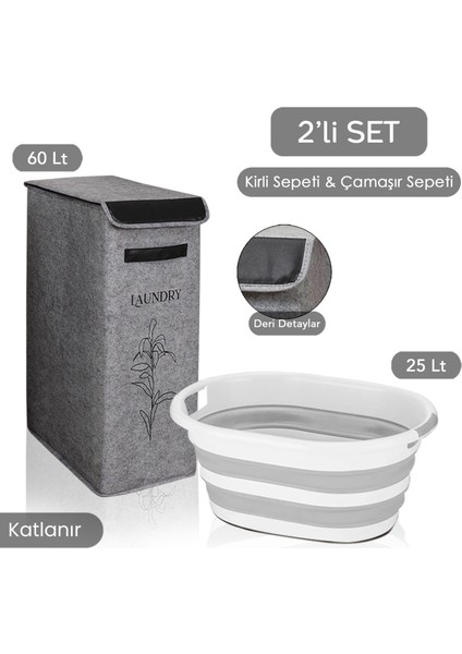 Kapaklı Keçe Kirli Çamaşır Sepeti Katlanır Saklama Selesi 2li Set Gri 25X40X60CM-25LT Çamaşır Selesi