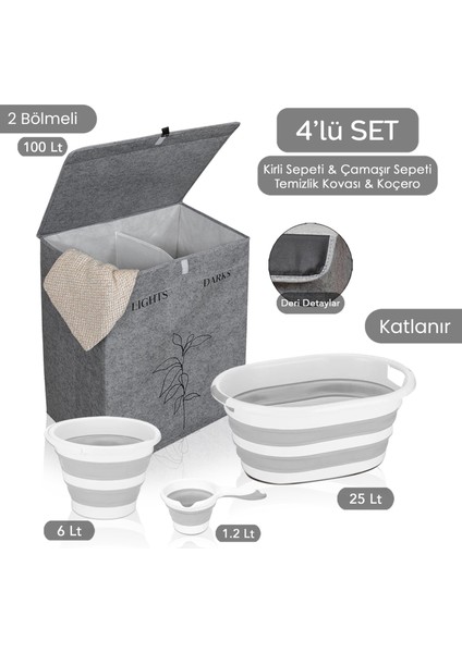 Keçe 2 Gözlü Çamaşır Sepeti Gri 53X33X60CM-25LT Katlanır Çamaşır Selesi-Su Kovası-Maşrapa 4'lü Set