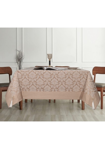 Pamuklu Damask Desen Bej Renk Lüks Masa Örtüsü 160X220 cm