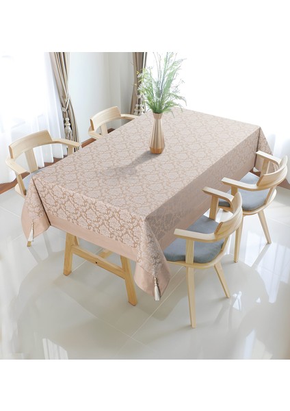 Pamuklu Damask Desen Bej Renk Lüks Masa Örtüsü 160X220 cm