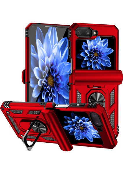 Samsung Galaxy Z Flip 5 Için Halka Ayaklı ve Kayar Kamera Kapaklı Telefon Kılıf - Kırmızı (Yurt Dışından)