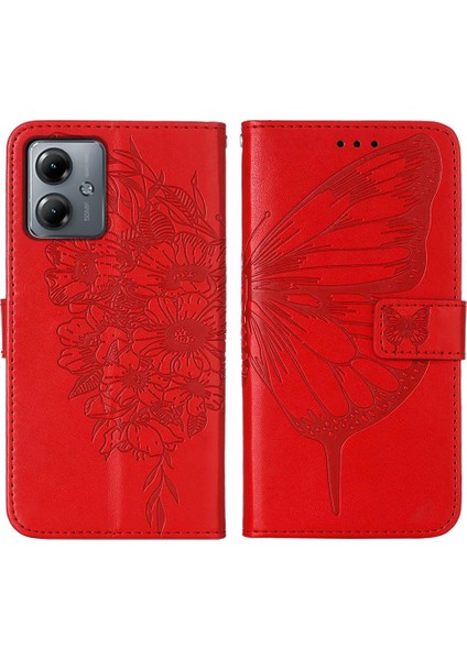 Motorola Moto G14 Için Kelebek Pu Deri Çevirmeli Cüzdan Stand Telefon Kılıfı - Kırmızı (Yurt Dışından)