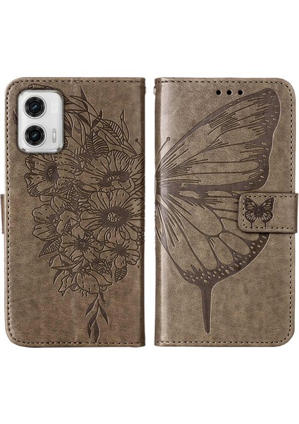 Motorola Moto G73 Için Kelebek Pu Deri Çevirmeli Cüzdan Stand Telefon Kılıfı - Gri (Yurt Dışından)