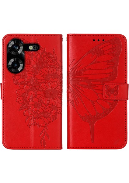 Tecno Pova 5 LH7N Için Kelebek Pu Deri Çevirmeli Cüzdan Stand Telefon Kılıfı - Kırmızı (Yurt Dışından)