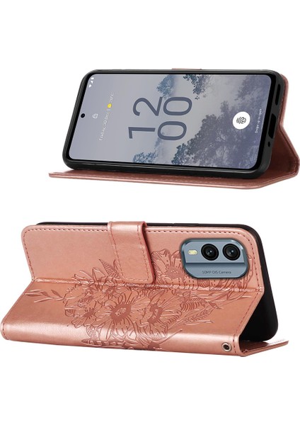 Nokia X30 Için Kelebek Pu Deri Çevirmeli Cüzdan Stand Telefon Kılıfı - Rose Gold (Yurt Dışından)