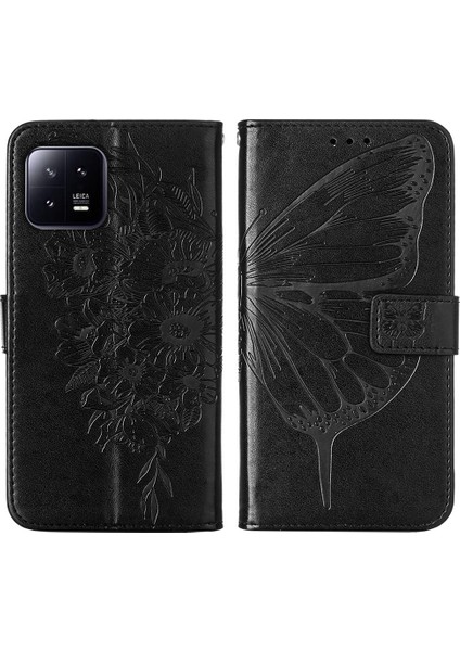 Xiaomi 13 Için Kelebek Pu Deri Çevirmeli Cüzdan Stand Telefon Kılıfı - Siyah (Yurt Dışından)