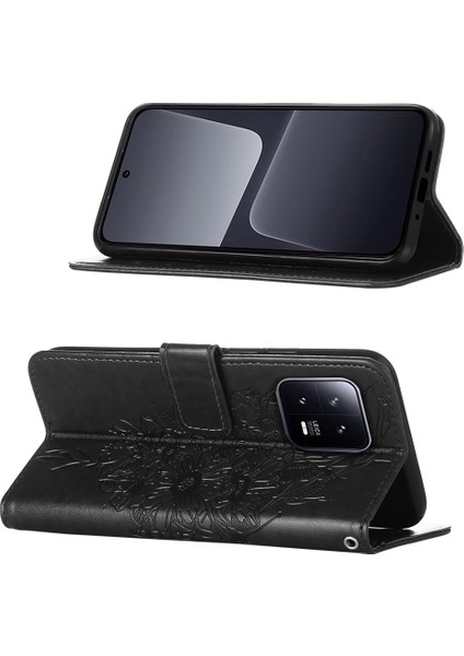 Xiaomi 13 Için Kelebek Pu Deri Çevirmeli Cüzdan Stand Telefon Kılıfı - Siyah (Yurt Dışından)