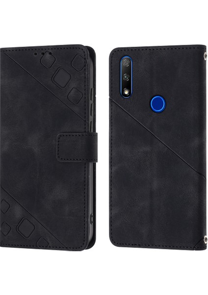 Huawei Y9 Prime 2019/P Smart Z 2019 Için Kabartmalı Deri Cüzdan Stand Telefon Kılıfı - Siyah (Yurt Dışından)
