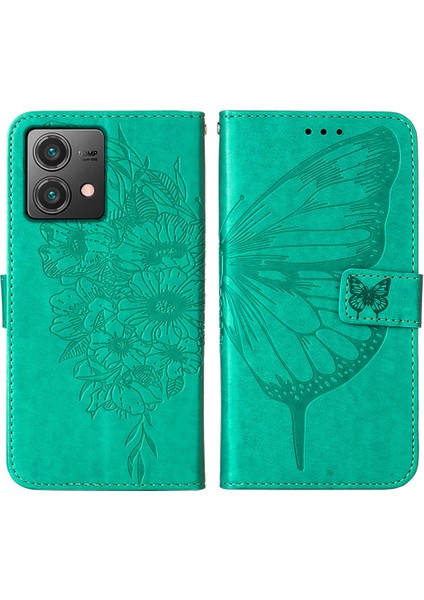 Motorola Moto G84 Için Kelebek Pu Deri Çevirmeli Cüzdan Stand Telefon Kılıfı - Yeşil (Yurt Dışından)