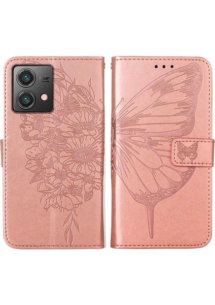 Motorola Moto G84 Için Kelebek Pu Deri Çevirmeli Cüzdan Stand Telefon Kılıfı - Rose Gold (Yurt Dışından)