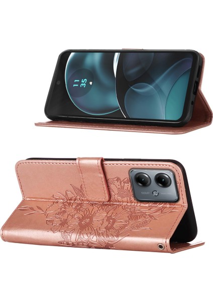 Motorola Moto G14 Için Kelebek Pu Deri Çevirmeli Cüzdan Stand Telefon Kılıfı - Rose Gold (Yurt Dışından) indirimleri