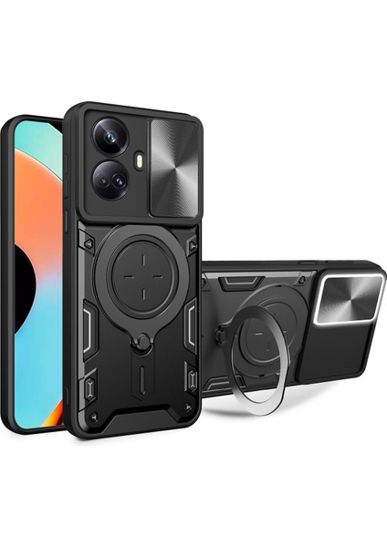 Realme 10 Pro+ Için Çift Katmanlı Telefon Kılıfı, Slayt Kamera Kapağı ve Metal Gizli Braket ile Siyah (Yurt Dışından)