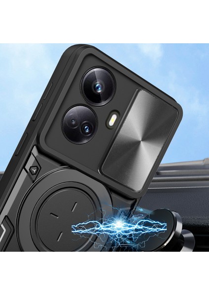 Realme 10 Pro+ Için Çift Katmanlı Telefon Kılıfı, Slayt Kamera Kapağı ve Metal Gizli Braket ile Siyah (Yurt Dışından) modelleri