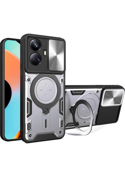 Realme 10 Pro+ Için Çift Katmanlı Telefon Kılıfı, Slayt Kamera Kapağı ve Metal Gizli Braket ile Gümüş (Yurt Dışından)
