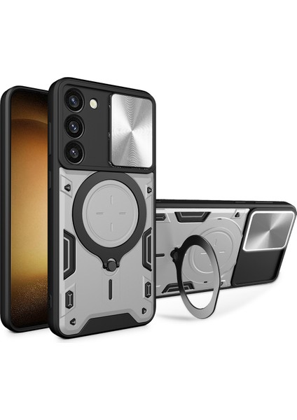 Samsung Galaxy S23+ Için Çift Katmanlı Telefon Kılıfı, Slayt Kamera Kapağı ve Metal Gizli Braket ile Gümüş (Yurt Dışından)