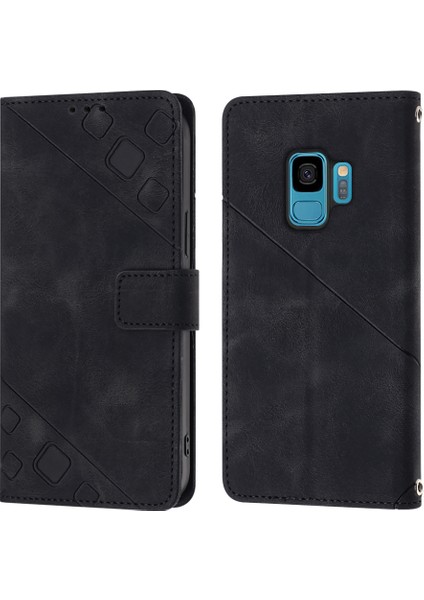 Samsung Galaxy S9 Plus Için Kabartmalı Deri Cüzdan Stand Telefon Kılıfı - Siyah (Yurt Dışından)