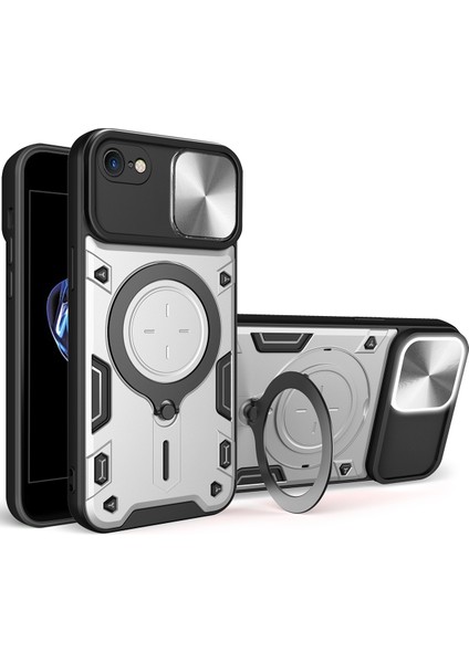 iPhone 8 / 7 /iphone Se 2020/2022 Için Çift Katmanlı Telefon Kılıfı, Slayt Kamera Kapağı ve Metal Gizli Braket ile Gümüş (Yurt Dışından)