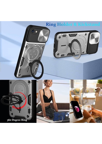 iPhone 8 / 7 /iphone Se 2020/2022 Için Çift Katmanlı Telefon Kılıfı, Slayt Kamera Kapağı ve Metal Gizli Braket ile Gümüş (Yurt Dışından)