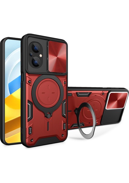 Xiaomi Poco M5 Için Çift Katmanlı Telefon Kılıfı, Slayt Kamera Kapağı ve Metal Gizli Braket ile Kırmızı (Yurt Dışından)