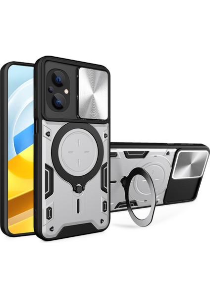 Xiaomi Poco M5 Için Çift Katmanlı Telefon Kılıfı, Slayt Kamera Kapağı ve Metal Gizli Braket ile Gümüş (Yurt Dışından)