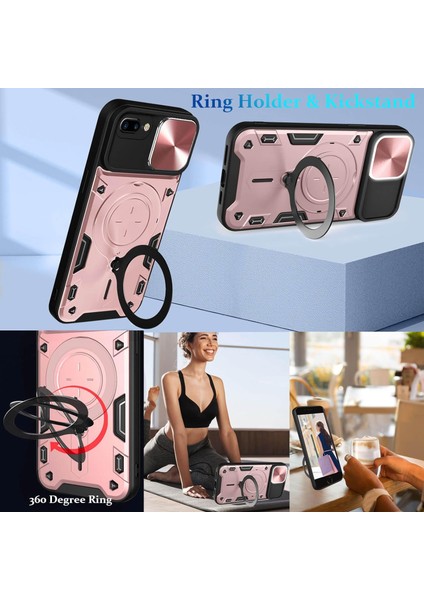 iPhone 8 Plus / 7 Plus Için Çift Katmanlı Telefon Kılıfı, Slayt Kamera Kapağı ve Metal Gizli Braket ile Rose Gold (Yurt Dışından) indirimleri