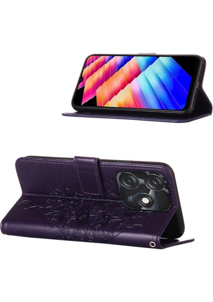 Tecno Spark 10C Için Kelebek Pu Deri Çevirmeli Cüzdan Stand Telefon Kılıfı - Koyu Mor (Yurt Dışından)