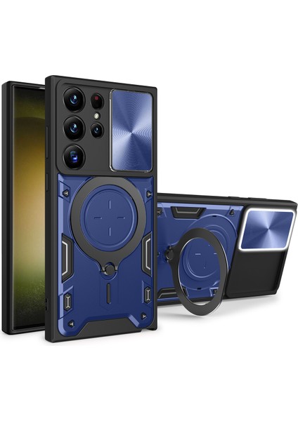 Samsung Galaxy S23 Ultra Için Çift Katmanlı Telefon Kılıfı, Slayt Kamera Kapağı ve Metal Gizli Braket ile Mavi (Yurt Dışından)