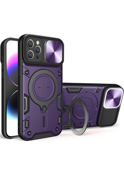 iPhone 12 Pro Için Çift Katmanlı Telefon Kılıfı, Slayt Kamera Kapağı ve Metal Gizli Braket ile Mor (Yurt Dışından)