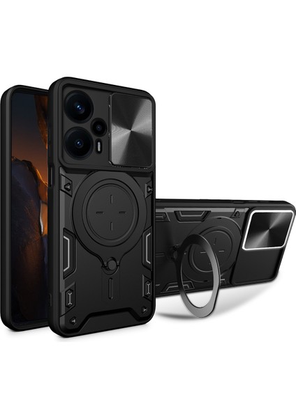 Xiaomi Poco F5 Için Çift Katmanlı Telefon Kılıfı, Slayt Kamera Kapağı ve Metal Gizli Braket ile Siyah (Yurt Dışından)