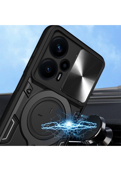 Xiaomi Poco F5 Için Çift Katmanlı Telefon Kılıfı, Slayt Kamera Kapağı ve Metal Gizli Braket ile Siyah (Yurt Dışından) modelleri