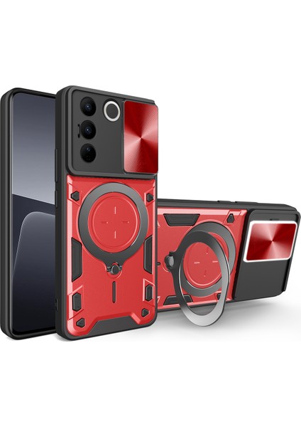 Vivo S16 /S16 Pro Için Çift Katmanlı Telefon Kılıfı, Slayt Kamera Kapağı ve Metal Gizli Braket ile Kırmızı (Yurt Dışından)