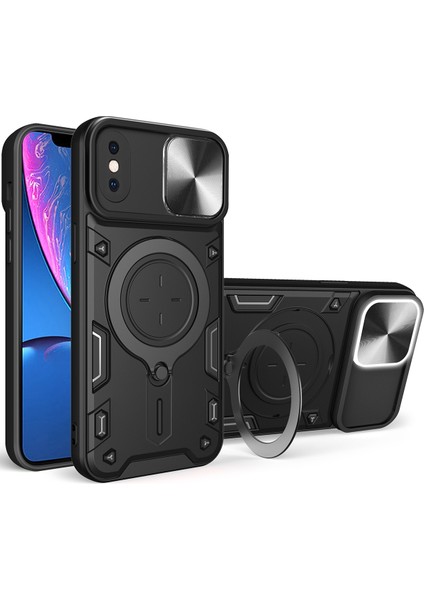 iPhone Xs /iphone x Için Çift Katmanlı Telefon Kılıfı, Slayt Kamera Kapağı ve Metal Gizli Braket ile Siyah (Yurt Dışından)