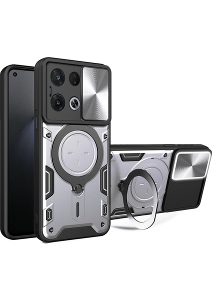 Oppo Reno8 Pro Için Çift Katmanlı Telefon Kılıfı, Slayt Kamera Kapağı ve Metal Gizli Braket ile Gümüş (Yurt Dışından)