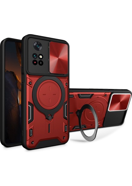 Xiaomi Poco M4 Pro 4g Için Çift Katmanlı Telefon Kılıfı, Slayt Kamera Kapağı ve Metal Gizli Braket ile Kırmızı (Yurt Dışından)