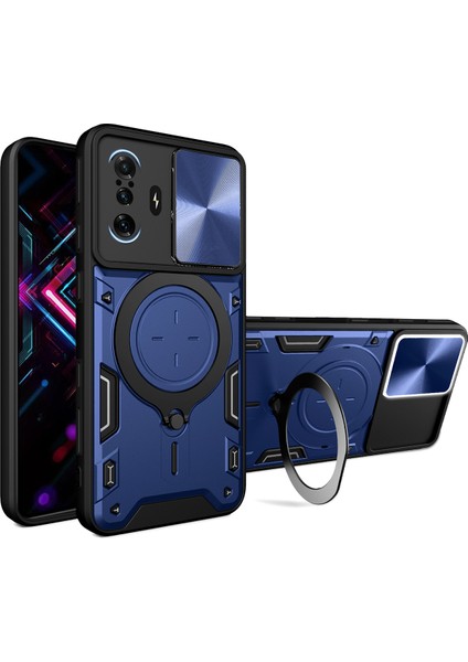 Xiaomi Poco F3 Gt /redmi K40 Gaming Için Çift Katmanlı Telefon Kılıfı, Slayt Kamera Kapağı ve Metal Gizli Braket ile Mavi (Yurt Dışından)