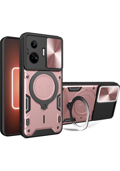 Realme Gt3 / Gt Neo 5 Için Çift Katmanlı Telefon Kılıfı, Slayt Kamera Kapağı ve Metal Gizli Braket ile Rose Gold (Yurt Dışından)